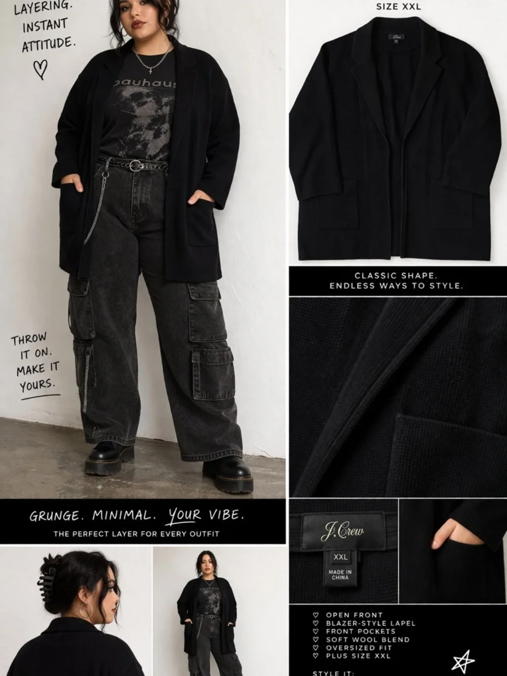 J.Crew Black Wool‎ Blend Open Cardigan Blazer Jacket XXL Plus Sz Minimalist Chic